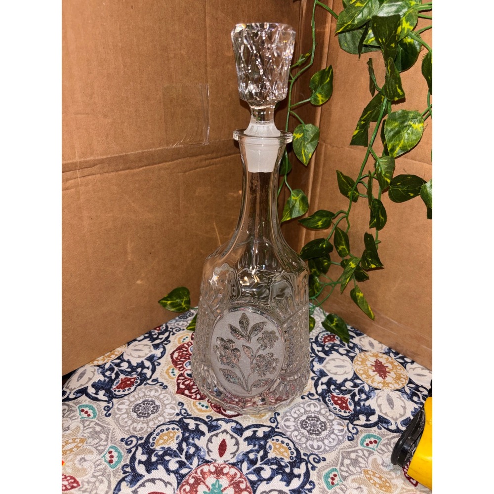 Vintage Pressed Glass Liquor Decanter Frosted Floral Medallion Diamond Pattern